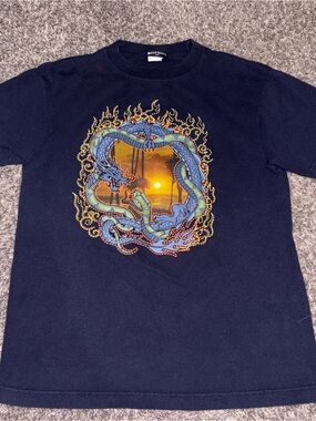 90s Navy Graphic Tee with Dragon and snake Sunset Print